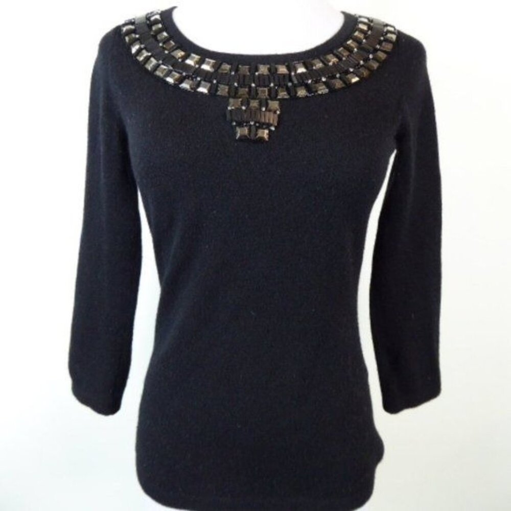 Neiman Marcus Cashmere Collection Black 3/4 Sleeve Sweater Embellished Neckline